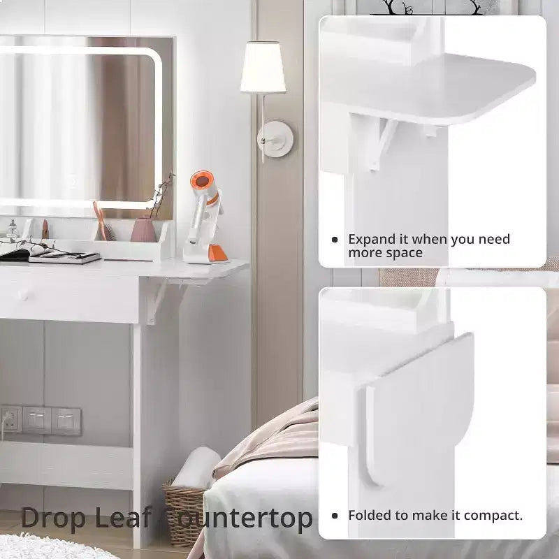 Toeletta con cassetti, Elegante set tavolo da trucco per camera da letto, con sedia, specchio e luci, per camera da letto, bianco