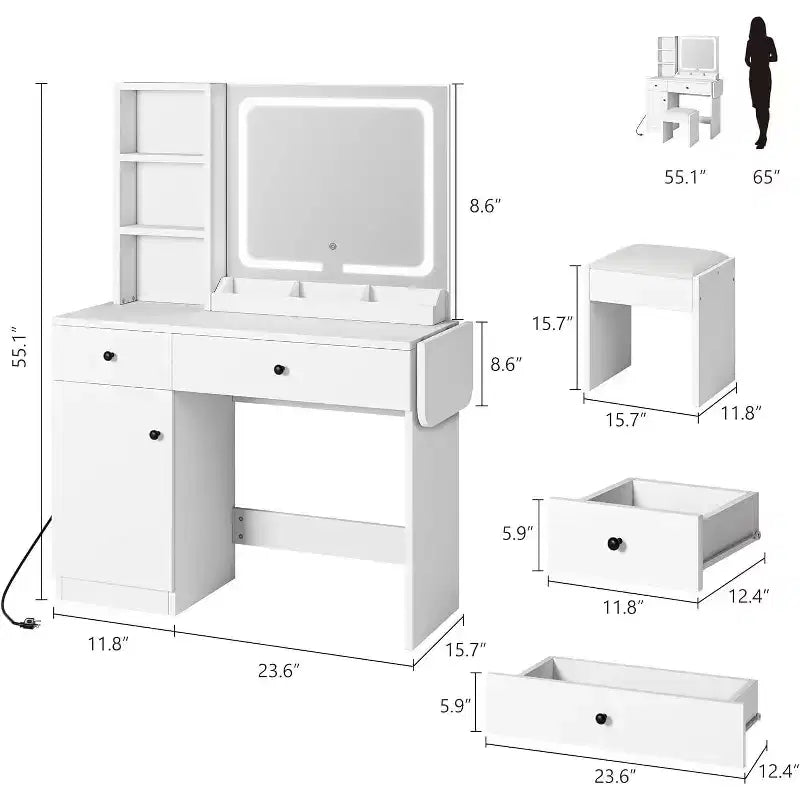 Toeletta con cassetti, Elegante set tavolo da trucco per camera da letto, con sedia, specchio e luci, per camera da letto, bianco