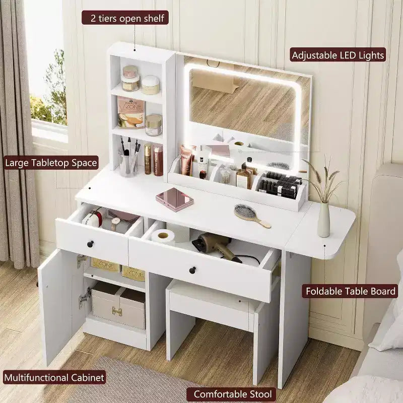 Toeletta con cassetti, Elegante set tavolo da trucco per camera da letto, con sedia, specchio e luci, per camera da letto, bianco