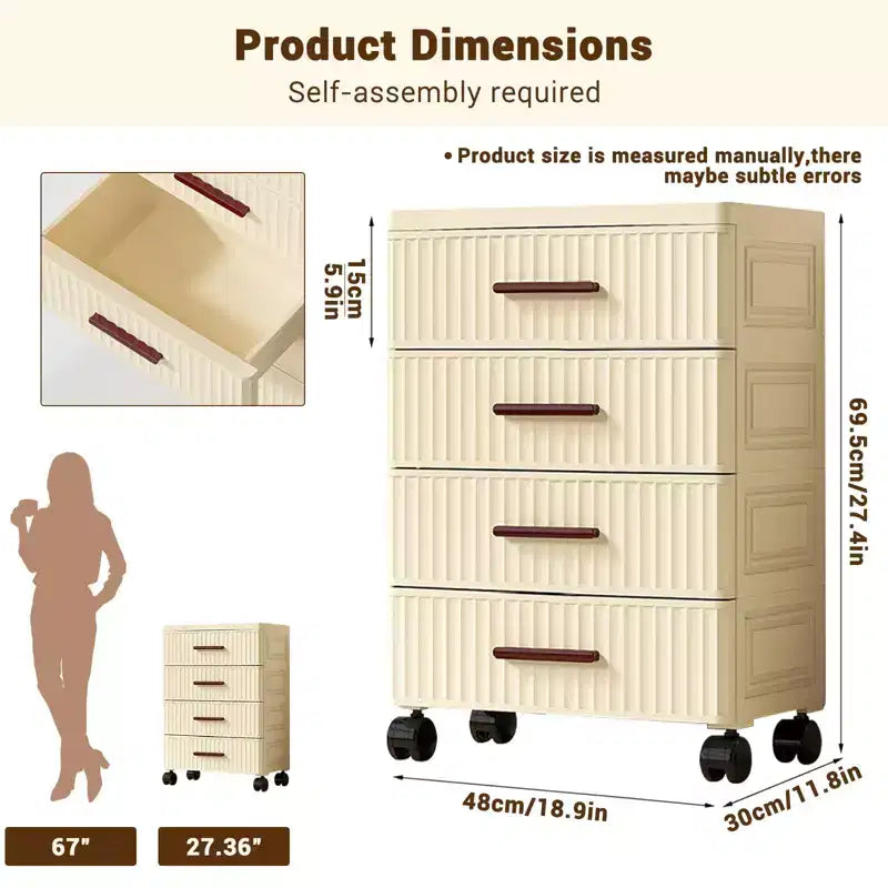 Cassettiera a 5 cassetti in plastica con ruote per camera da letto, soggiorno e scrivania