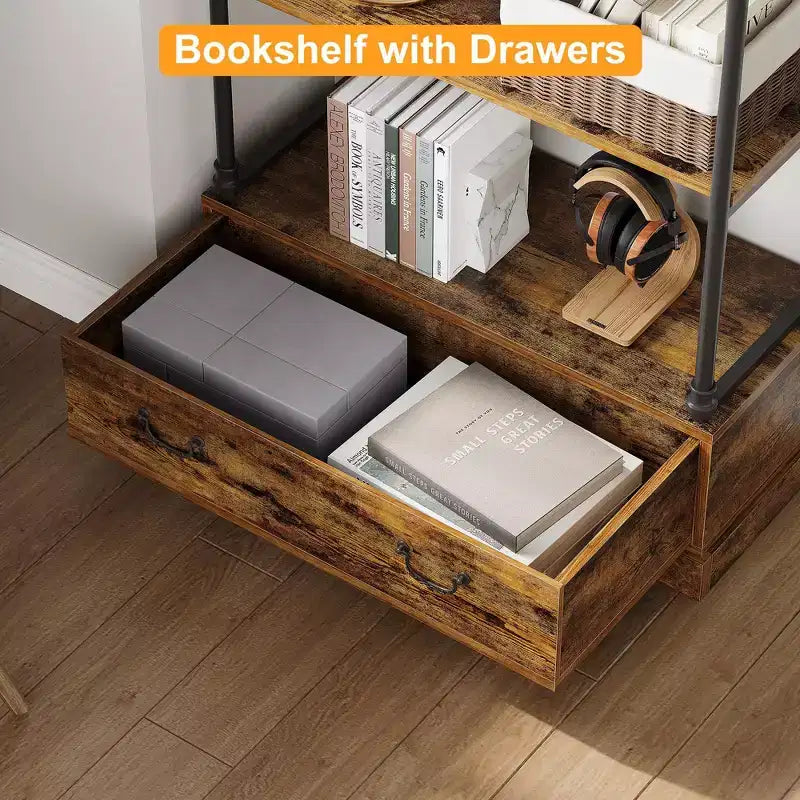 Libreria a 5 Ripiani con Cassetto Contenitore, Scaffale per Libri Alto 81,3 cm, Libreria Vintage con Struttura in Metallo, Scaffale Aperto Rustico