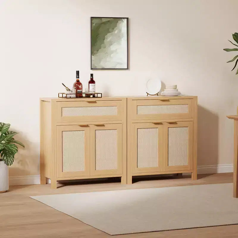 Credenza a Buffet 34 con Scomparti, Mobile Contenitore in Legno con Ripiani Regolabili, Cassetti e Ante in Rattan