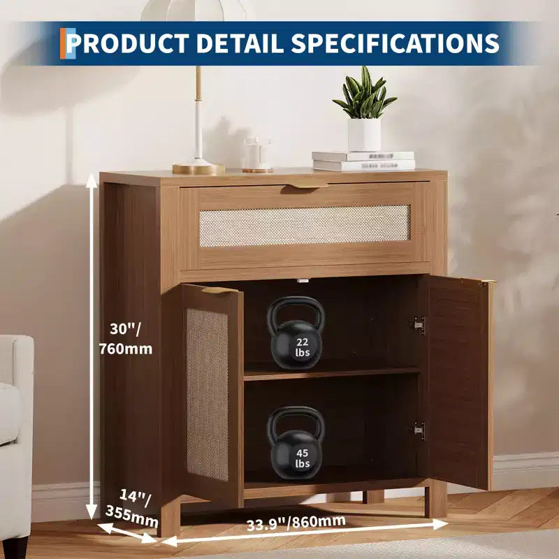 Credenza a Buffet 34 con Scomparti, Mobile Contenitore in Legno con Ripiani Regolabili, Cassetti e Ante in Rattan