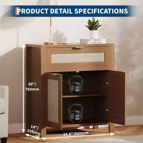 Credenza a Buffet 34 con Scomparti, Mobile Contenitore in Legno con Ripiani Regolabili, Cassetti e Ante in Rattan