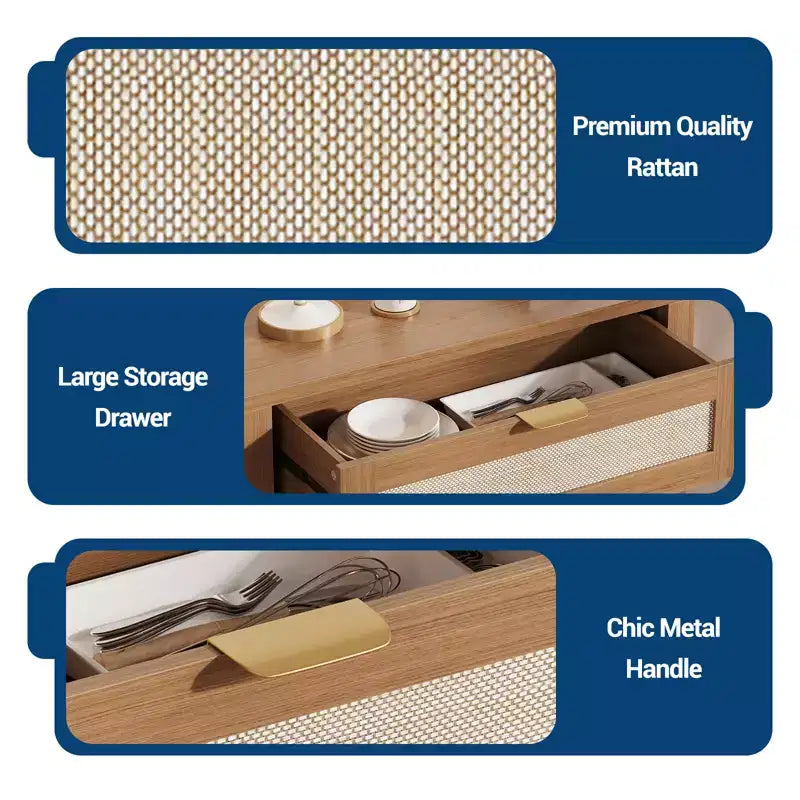 Credenza a Buffet 34 con Scomparti, Mobile Contenitore in Legno con Ripiani Regolabili, Cassetti e Ante in Rattan