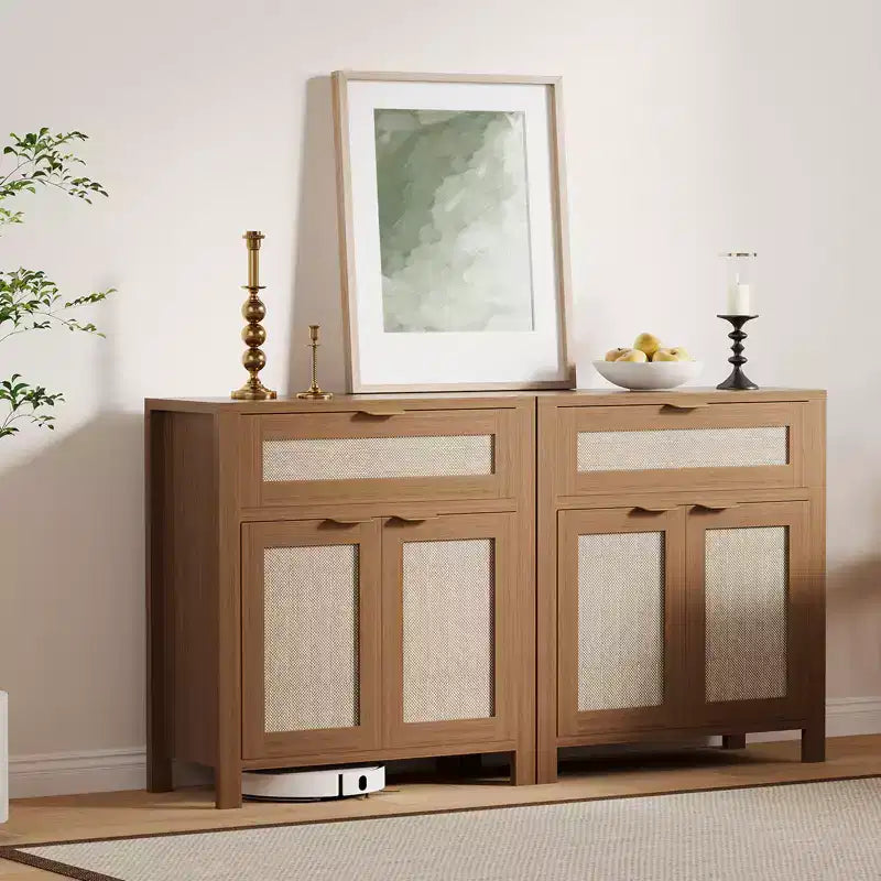 Credenza a Buffet 34 con Scomparti, Mobile Contenitore in Legno con Ripiani Regolabili, Cassetti e Ante in Rattan