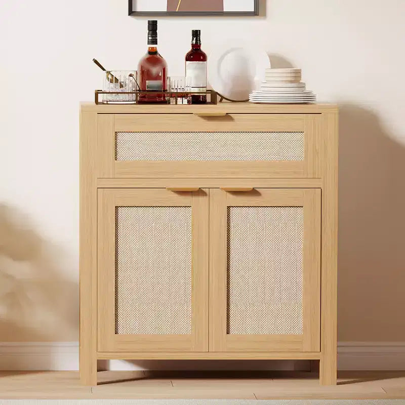 Credenza a Buffet 34 con Scomparti, Mobile Contenitore in Legno con Ripiani Regolabili, Cassetti e Ante in Rattan