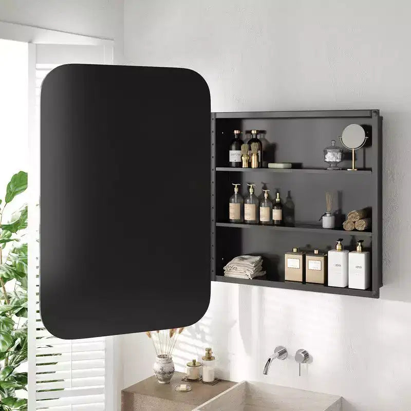 PexFix 36 x 24 Mobiletto da Bagno con Specchio, Cornice in Acciaio Inossidabile e 2 Ripiani Regolabili, Armadietto a Muro con Specchio Rettangolare a Incasso, Nero