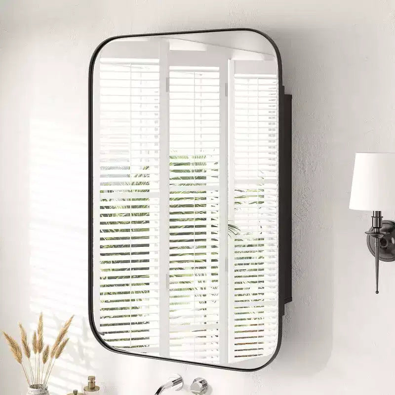 PexFix 36 x 24 Mobiletto da Bagno con Specchio, Cornice in Acciaio Inossidabile e 2 Ripiani Regolabili, Armadietto a Muro con Specchio Rettangolare a Incasso, Nero