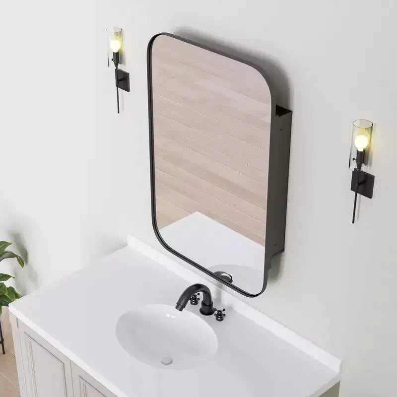 PexFix 36 x 24 Mobiletto da Bagno con Specchio, Cornice in Acciaio Inossidabile e 2 Ripiani Regolabili, Armadietto a Muro con Specchio Rettangolare a Incasso, Nero