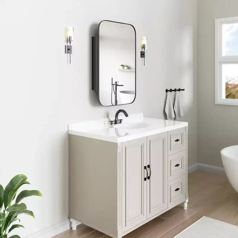 PexFix 36 x 24 Mobiletto da Bagno con Specchio, Cornice in Acciaio Inossidabile e 2 Ripiani Regolabili, Armadietto a Muro con Specchio Rettangolare a Incasso, Nero