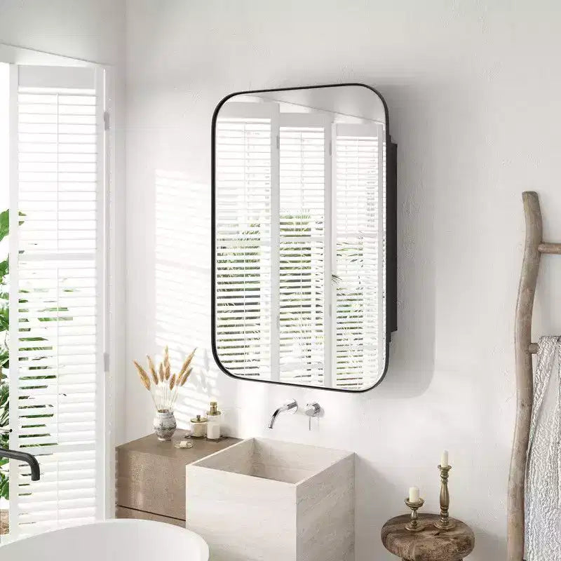 PexFix 36 x 24 Mobiletto da Bagno con Specchio, Cornice in Acciaio Inossidabile e 2 Ripiani Regolabili, Armadietto a Muro con Specchio Rettangolare a Incasso, Nero