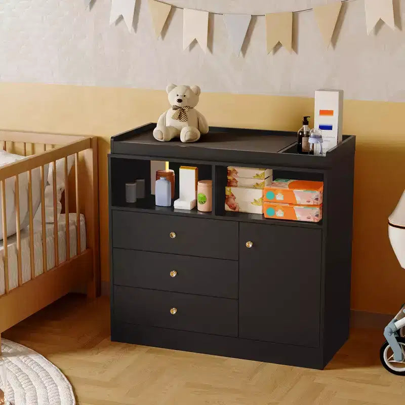 Cassettiera Fasciatoio per Neonati - Fasciatoio Alto in Legno con 2 Ripiani Aperti, 3 Cassetti e 1 Armadietto, Ideale per la Cameretta dei Bambini