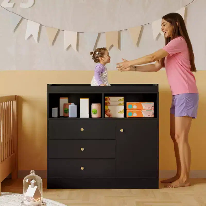 Cassettiera Fasciatoio per Neonati - Fasciatoio Alto in Legno con 2 Ripiani Aperti, 3 Cassetti e 1 Armadietto, Ideale per la Cameretta dei Bambini