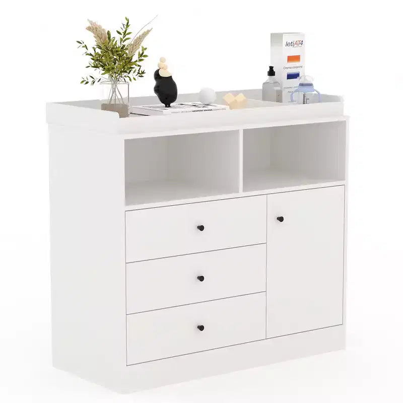 Cassettiera Fasciatoio per Neonati - Fasciatoio Alto in Legno con 2 Ripiani Aperti, 3 Cassetti e 1 Armadietto, Ideale per la Cameretta dei Bambini