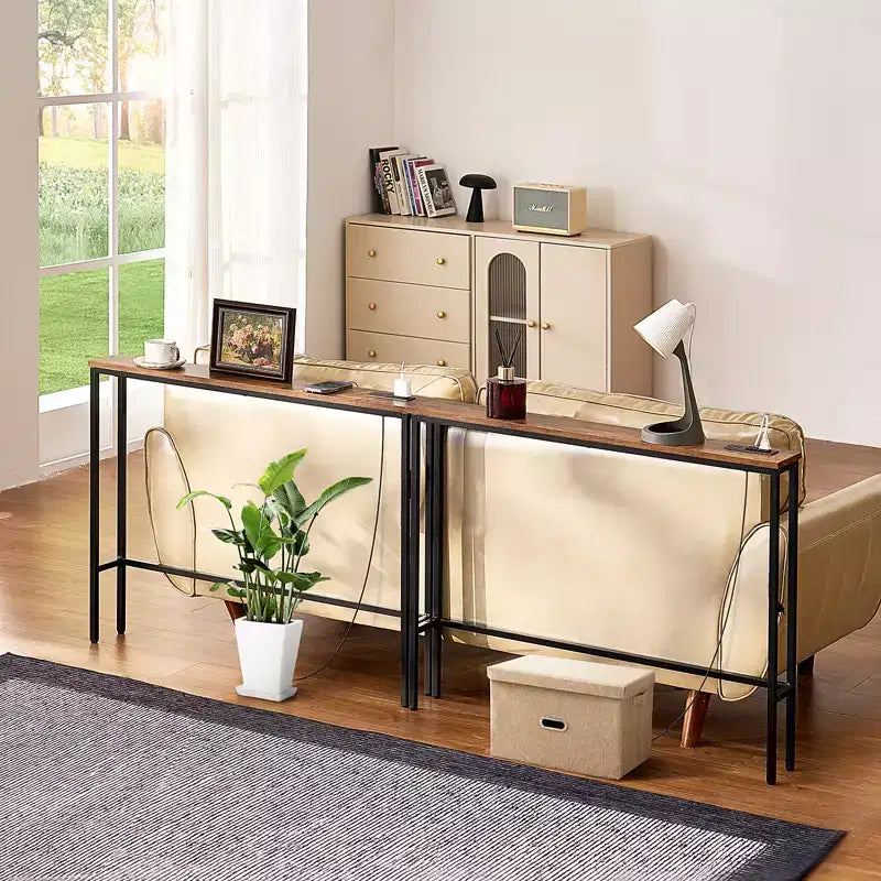 Set di 2 tavoli consolle stretti con prese di corrente, tavolo da divano o da ingresso lungo 200 cm, struttura in metallo, nero