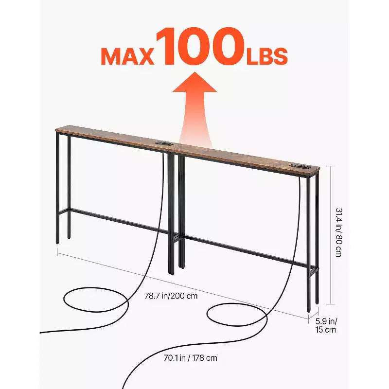Set di 2 tavoli consolle stretti con prese di corrente, tavolo da divano o da ingresso lungo 200 cm, struttura in metallo, nero