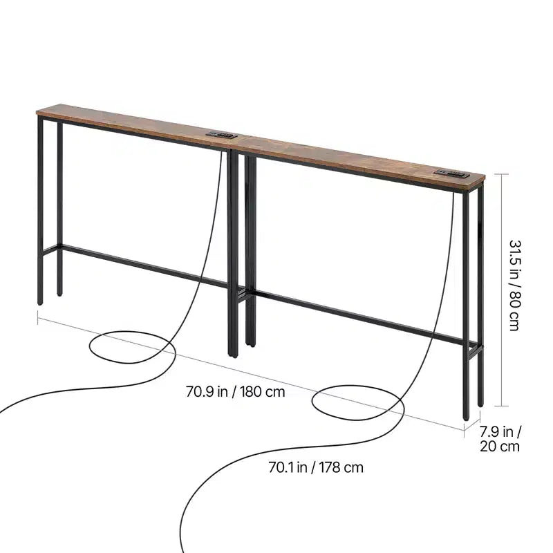 Set di 2 tavoli consolle stretti con prese di corrente, tavolo da divano o da ingresso lungo 200 cm, struttura in metallo, nero