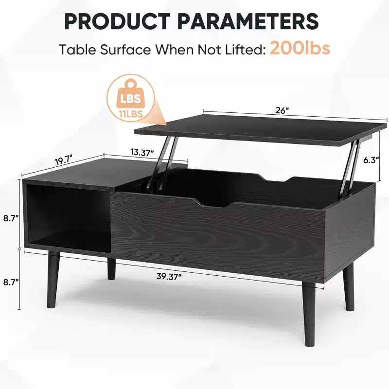 Tavolino da caffè sollevabile con scomparto nascosto e ripiano portaoggetti, marrone e nero