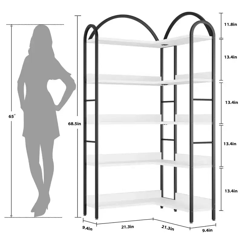 Libreria angolare a L, Scaffale a 5 ripiani con struttura in metallo, Scaffale espositivo autoportante per casa o ufficio