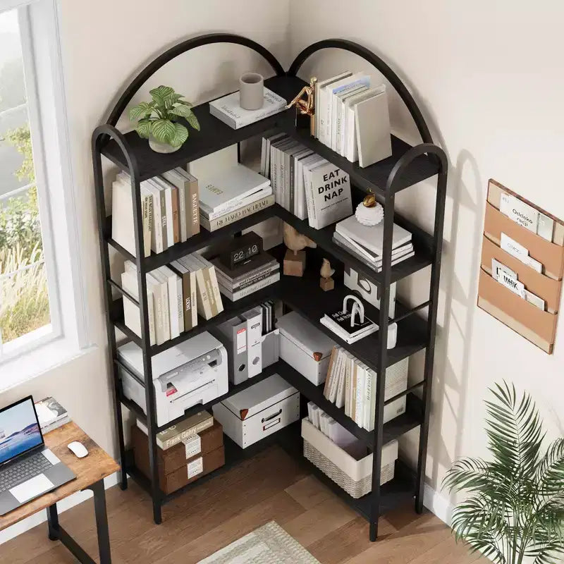 Libreria angolare a L, Scaffale a 5 ripiani con struttura in metallo, Scaffale espositivo autoportante per casa o ufficio