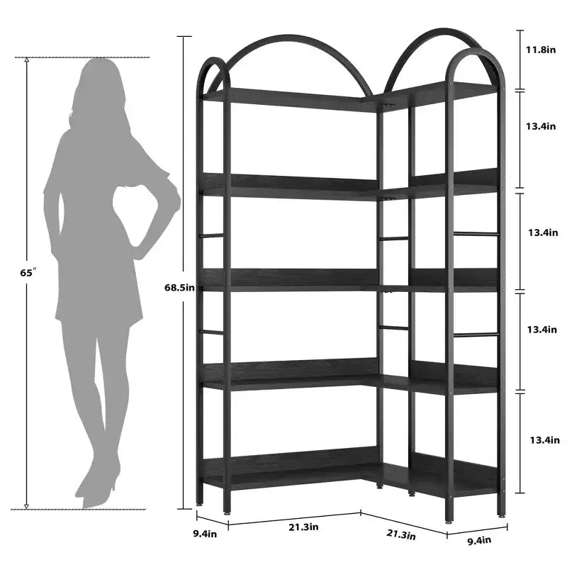 Libreria angolare a L, Scaffale a 5 ripiani con struttura in metallo, Scaffale espositivo autoportante per casa o ufficio
