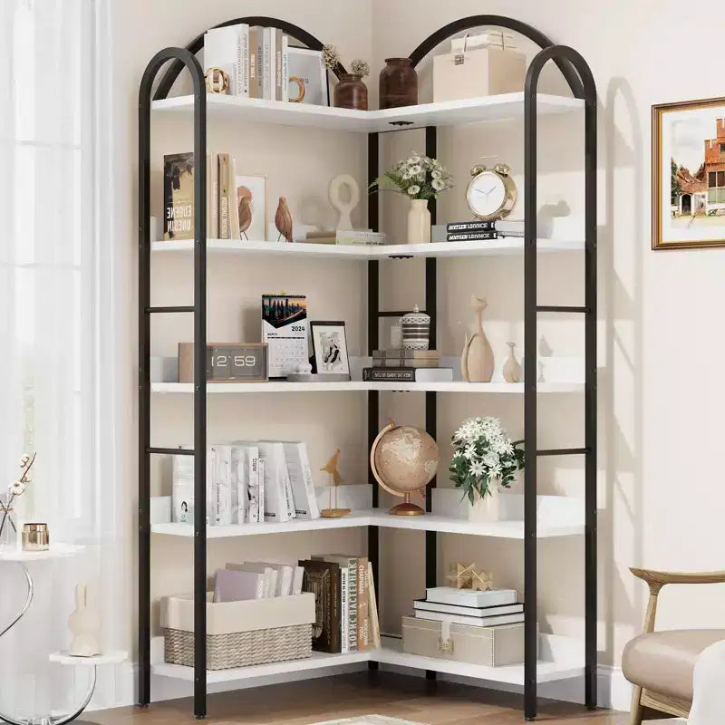 Libreria angolare a L, Scaffale a 5 ripiani con struttura in metallo, Scaffale espositivo autoportante per casa o ufficio