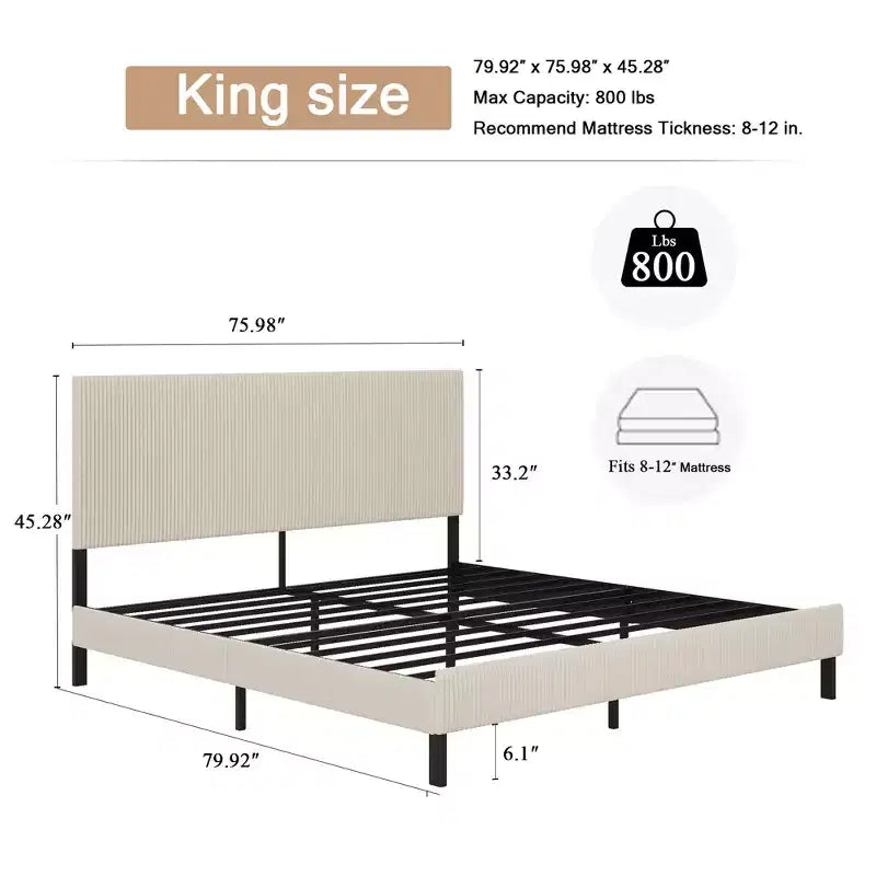 Struttura Letto Matrimoniale King Size con Testiera Imbottita, Illuminazione a LED e Stazione di Ricarica, Beige