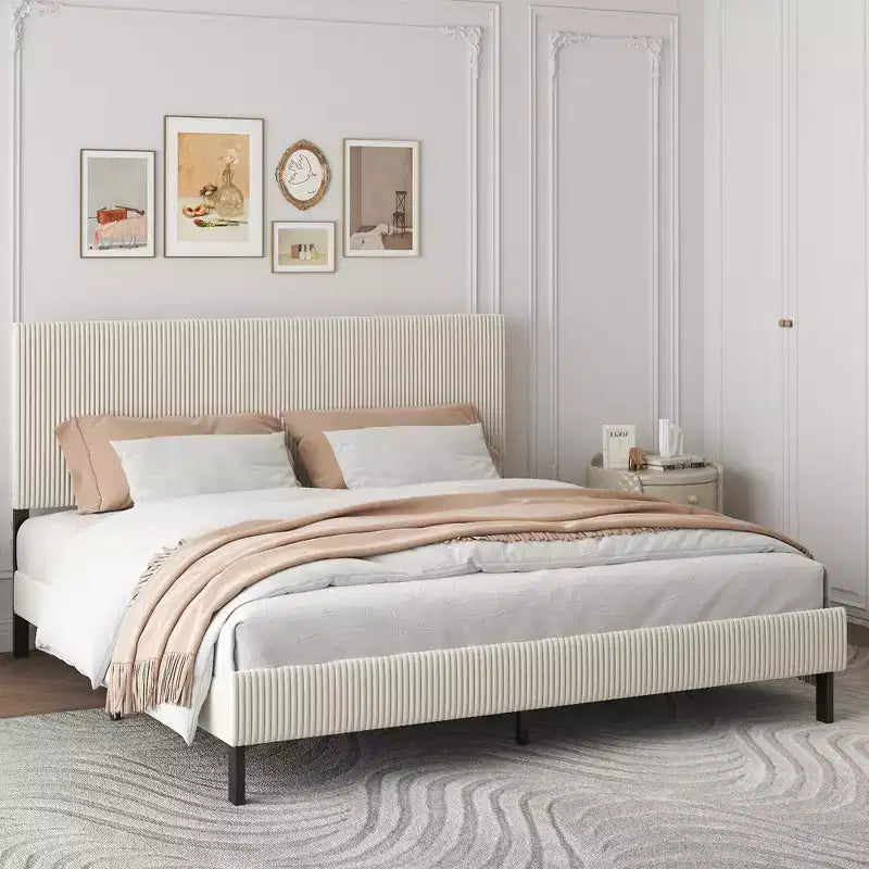 Struttura Letto Matrimoniale King Size con Testiera Imbottita, Illuminazione a LED e Stazione di Ricarica, Beige