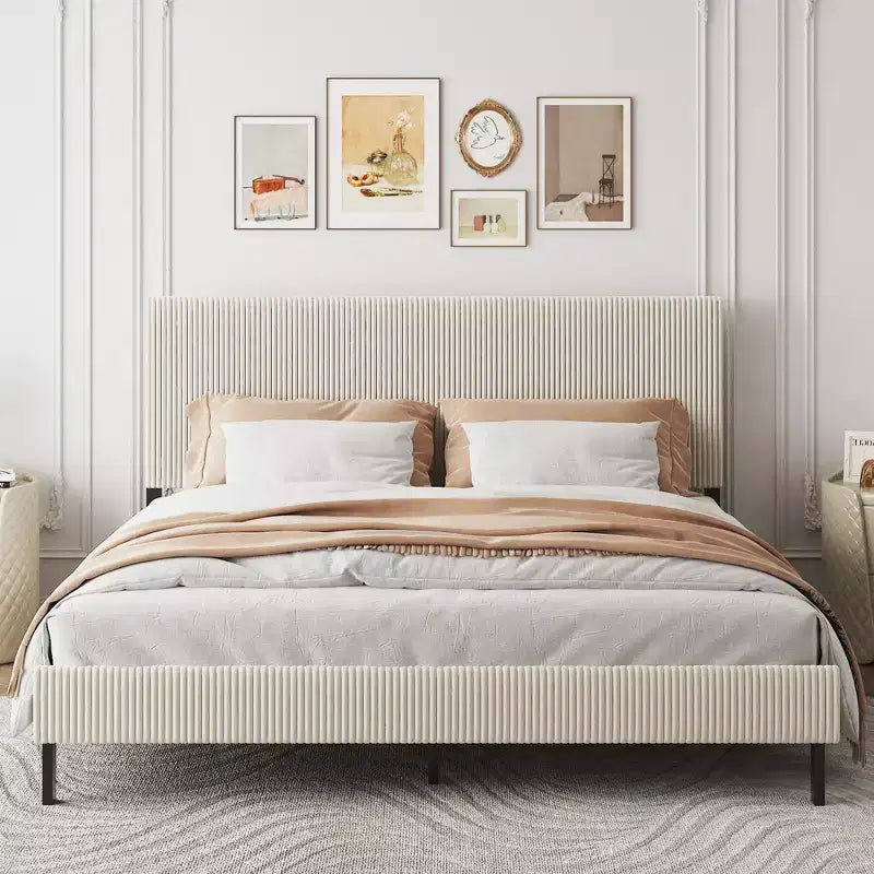 Struttura Letto Matrimoniale King Size con Testiera Imbottita, Illuminazione a LED e Stazione di Ricarica, Beige