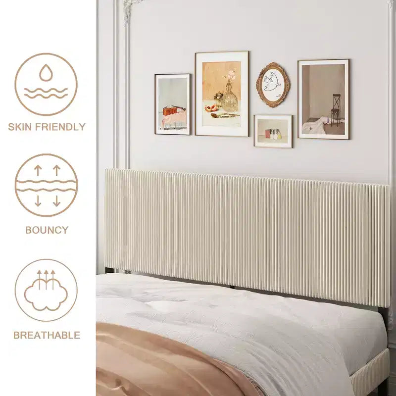 Struttura Letto Matrimoniale King Size con Testiera Imbottita, Illuminazione a LED e Stazione di Ricarica, Beige