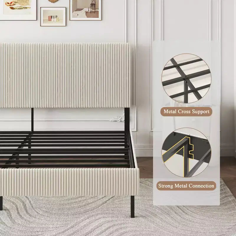 Struttura Letto Matrimoniale King Size con Testiera Imbottita, Illuminazione a LED e Stazione di Ricarica, Beige