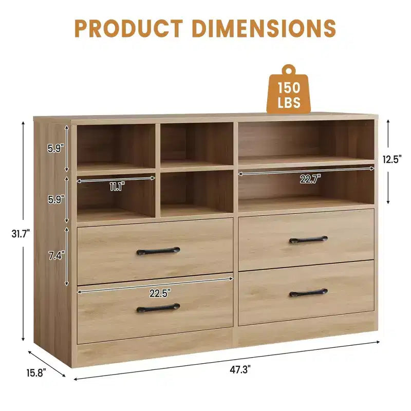 Cassettiera da 120 cm con 4 cassetti e 6 scomparti regolabili per soggiorno, camera da letto o corridoio