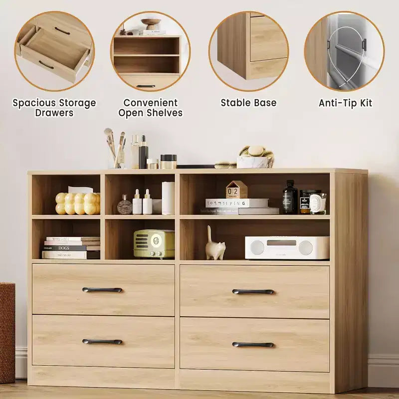 Cassettiera da 120 cm con 4 cassetti e 6 scomparti regolabili per soggiorno, camera da letto o corridoio