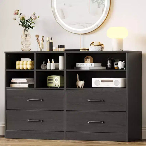 Modern 47.3 Chest of Drawers, Dresser Organizers with 4 Drawer and 6 Adjustable Storage Cubbies for Living Room, Bedroom, Hallway