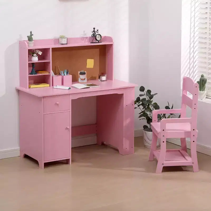 Scrivania per bambini TROPOW, set scrivania e sedia per ragazzi e ragazze, tavolo da scrittura per bambini in legno con libreria, armadietto e cassetto per età 3-8 anni, rosa