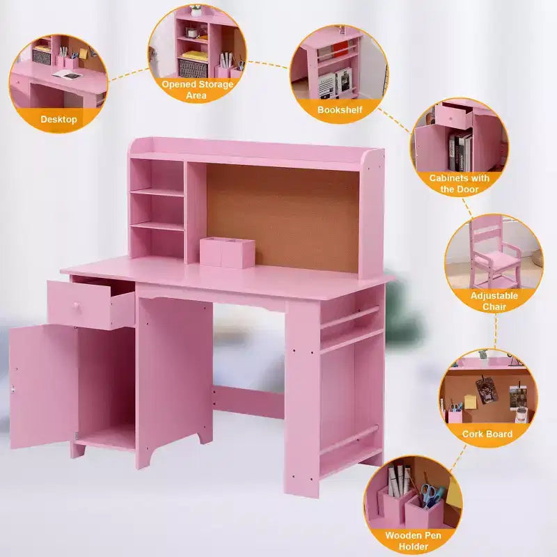 Scrivania per bambini TROPOW, set scrivania e sedia per ragazzi e ragazze, tavolo da scrittura per bambini in legno con libreria, armadietto e cassetto per età 3-8 anni, rosa