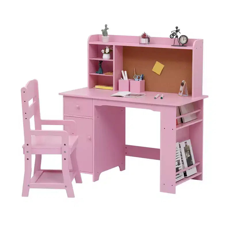 Scrivania per bambini TROPOW, set scrivania e sedia per ragazzi e ragazze, tavolo da scrittura per bambini in legno con libreria, armadietto e cassetto per età 3-8 anni, rosa