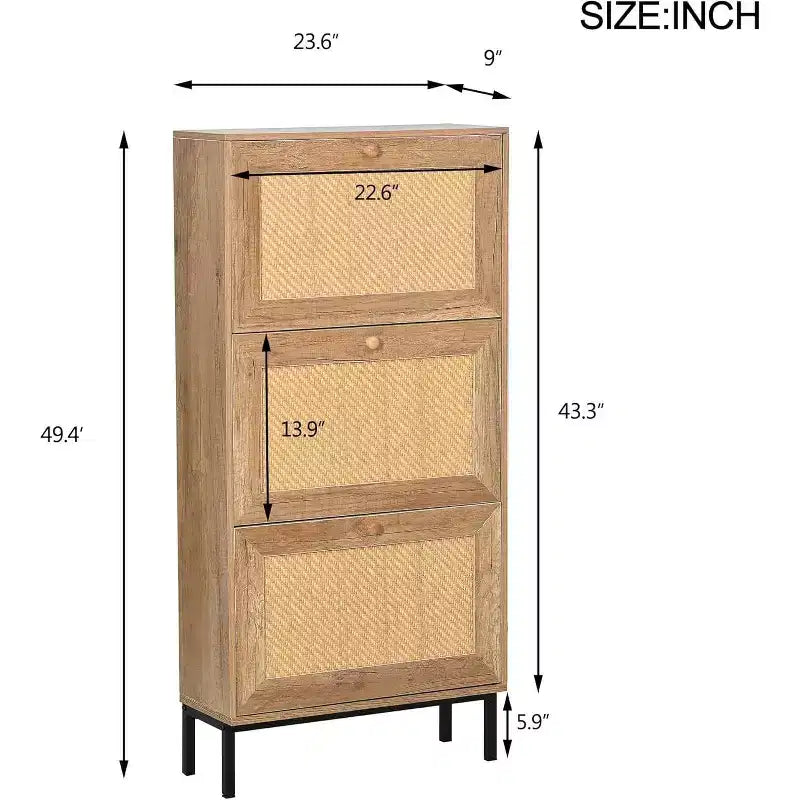 Acekool Scarpiera in Rattan Naturale, Organizzatore Scarpe da Ingresso a 3 Livelli e 6 Scomparti, Maniglia in Legno e Base in Metallo Opaco, 26,6x9,4x48,2