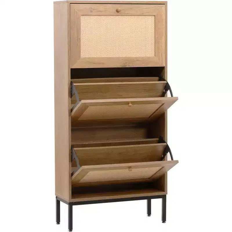 Acekool Scarpiera in Rattan Naturale, Organizzatore Scarpe da Ingresso a 3 Livelli e 6 Scomparti, Maniglia in Legno e Base in Metallo Opaco, 26,6x9,4x48,2