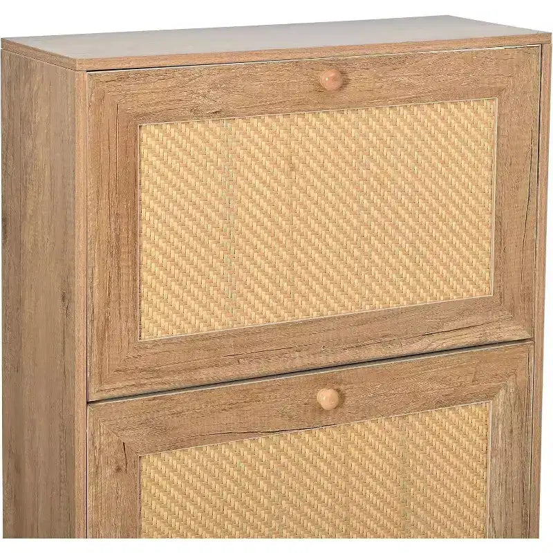 Acekool Scarpiera in Rattan Naturale, Organizzatore Scarpe da Ingresso a 3 Livelli e 6 Scomparti, Maniglia in Legno e Base in Metallo Opaco, 26,6x9,4x48,2