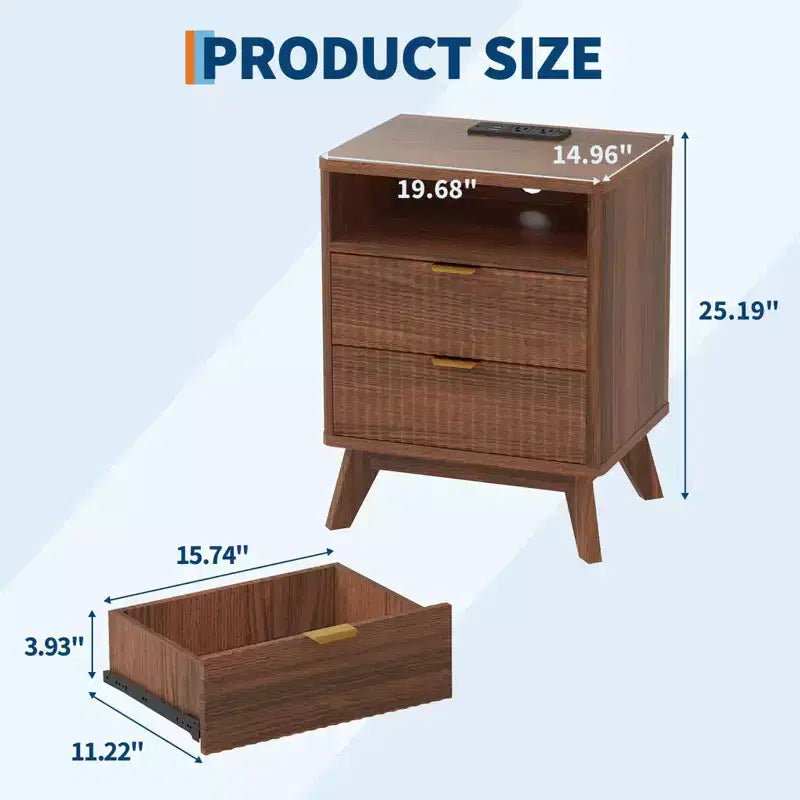 Comodino scanalato moderno GustoWave, tavolino in legno, tavolino con 2 cassetti + ripiano aperto, comodino per camera da letto, soggiorno