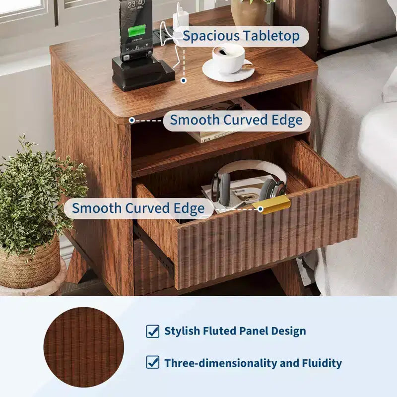 Comodino scanalato moderno GustoWave, tavolino in legno, tavolino con 2 cassetti + ripiano aperto, comodino per camera da letto, soggiorno