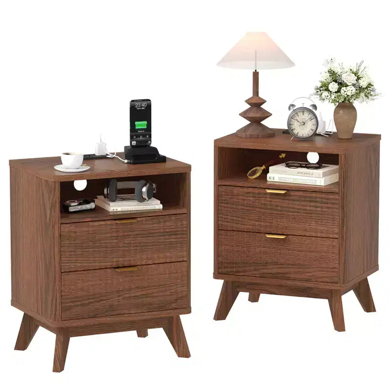 Comodino scanalato moderno GustoWave, tavolino in legno, tavolino con 2 cassetti + ripiano aperto, comodino per camera da letto, soggiorno
