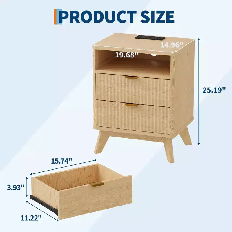 Comodino scanalato moderno GustoWave, tavolino in legno, tavolino con 2 cassetti + ripiano aperto, comodino per camera da letto, soggiorno