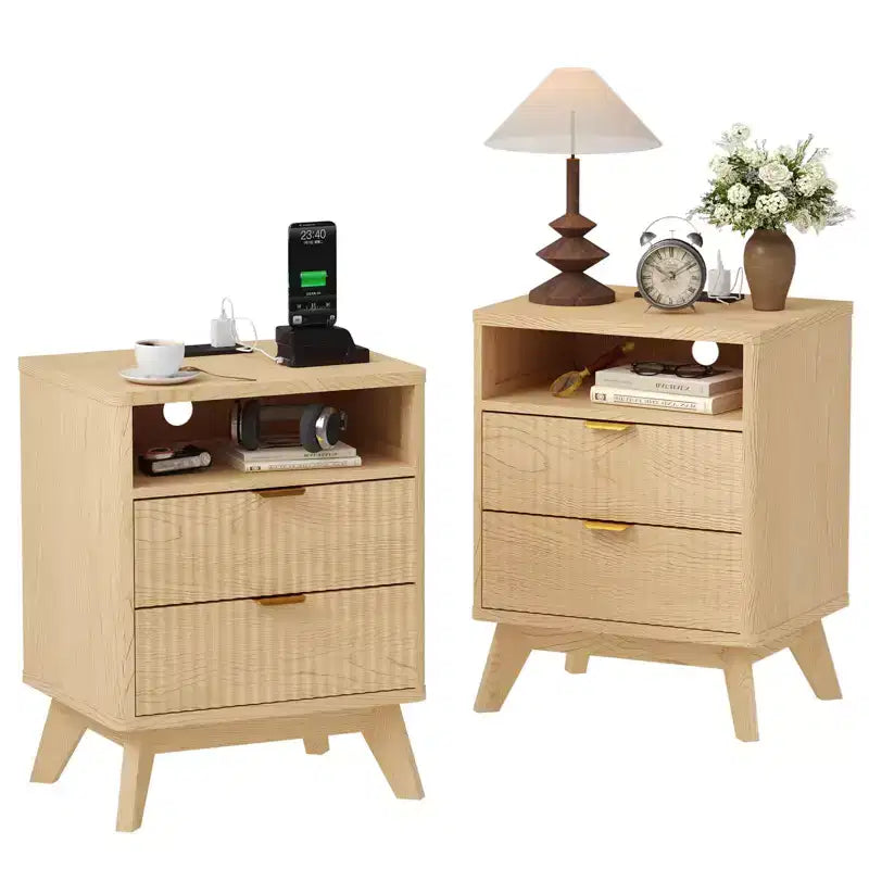 Comodino scanalato moderno GustoWave, tavolino in legno, tavolino con 2 cassetti + ripiano aperto, comodino per camera da letto, soggiorno