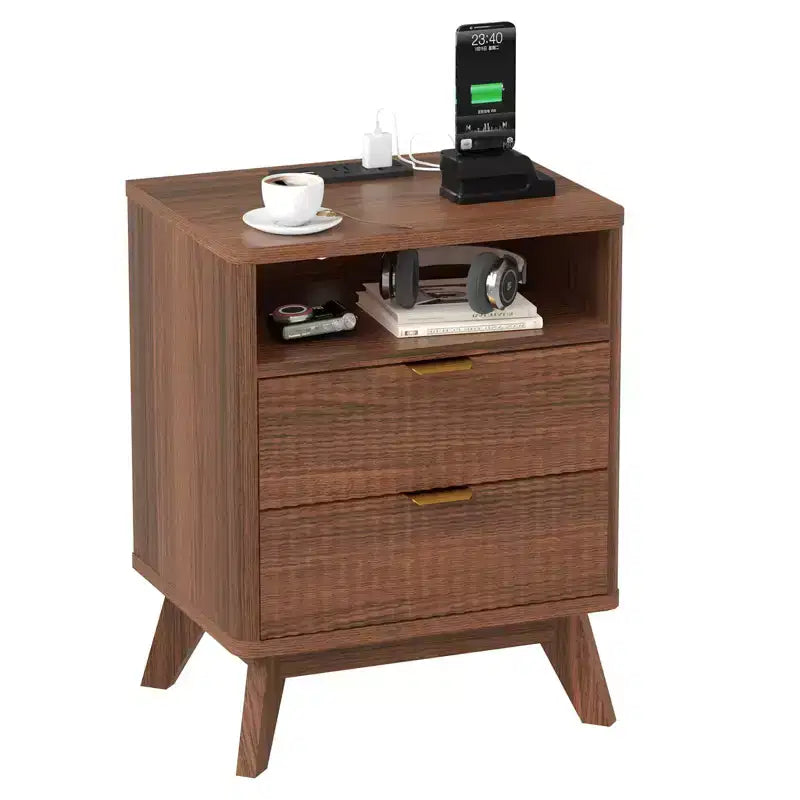 Comodino scanalato moderno GustoWave, tavolino in legno, tavolino con 2 cassetti + ripiano aperto, comodino per camera da letto, soggiorno