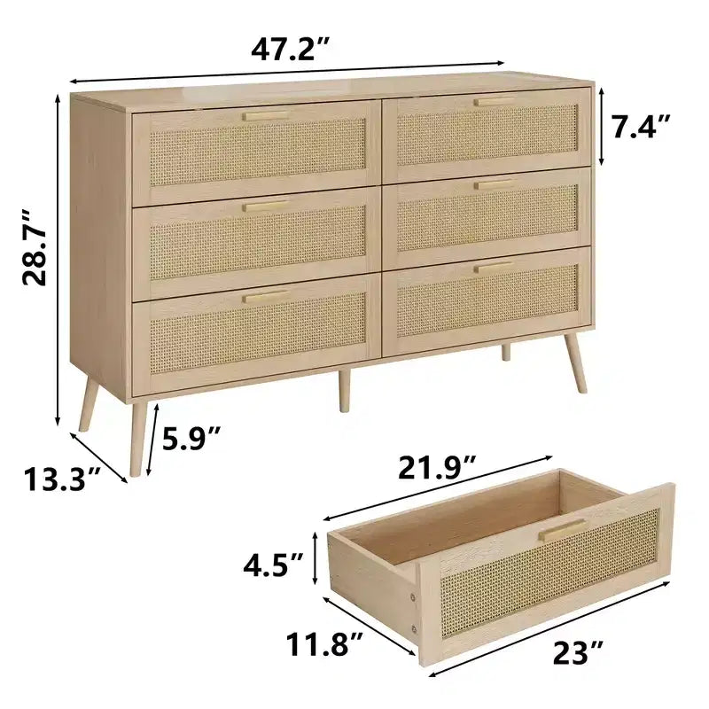 Cassettiera CLIHOME Rattan a 6 cassetti per camera da letto, cassettiera moderna a 6 cassetti, mobiletto con cassetti in rattan e maniglie in legno