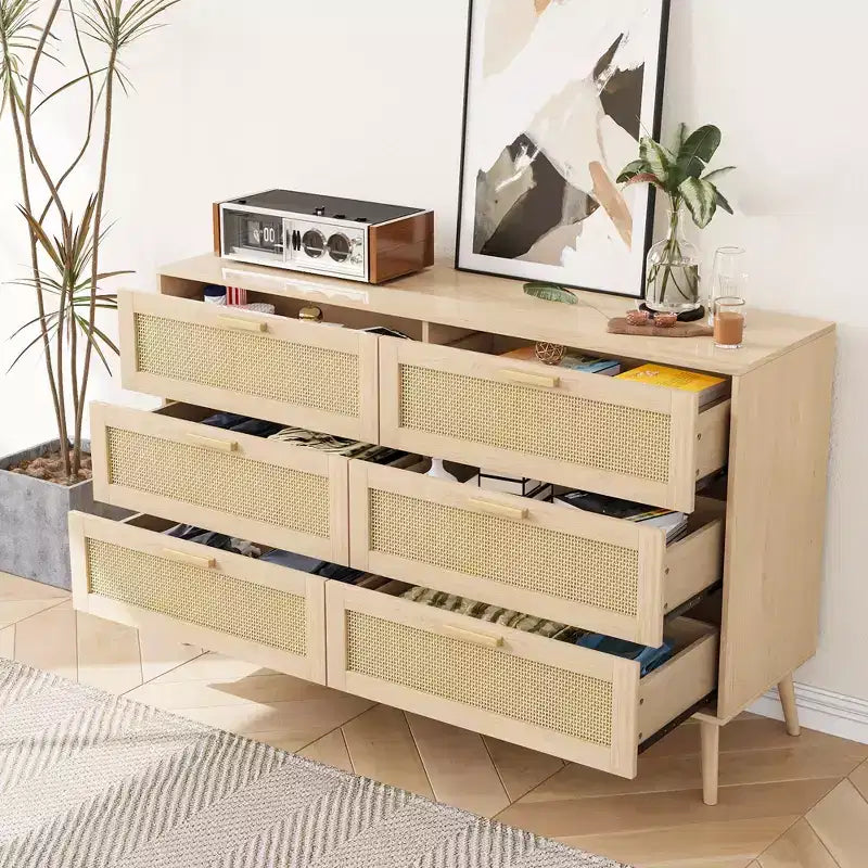Cassettiera CLIHOME Rattan a 6 cassetti per camera da letto, cassettiera moderna a 6 cassetti, mobiletto con cassetti in rattan e maniglie in legno
