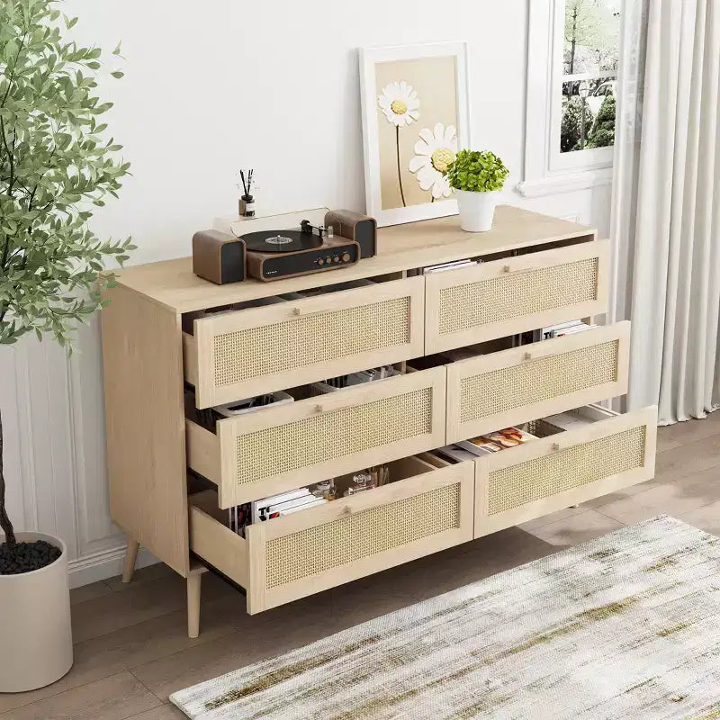 Cassettiera CLIHOME Rattan a 6 cassetti per camera da letto, cassettiera moderna a 6 cassetti, mobiletto con cassetti in rattan e maniglie in legno